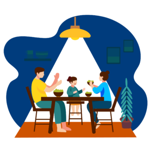 a family sits together on a dinner table. father on the left, young girl in the middle, and mother on the left. mother is giving the child healthy green food but the child is upset and fussing. Father is holding both his hands up, probably emotional as well.